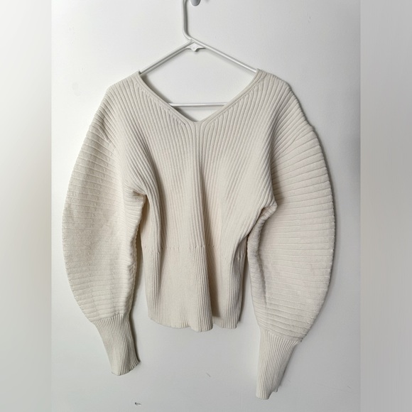 Express Ribbed Puff Sleeved Cream Sweater - Picture 4 of 6